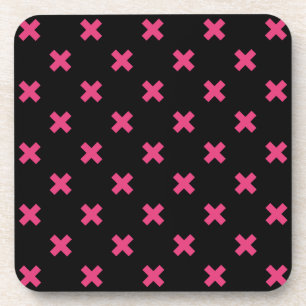 Fuchsia cross stitches on black beverage coaster