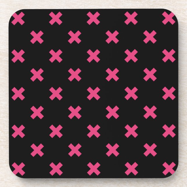 Fuchsia cross stitches on black beverage coaster (Front)