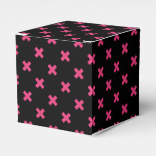 Fuchsia cross stitches on black favor boxes
