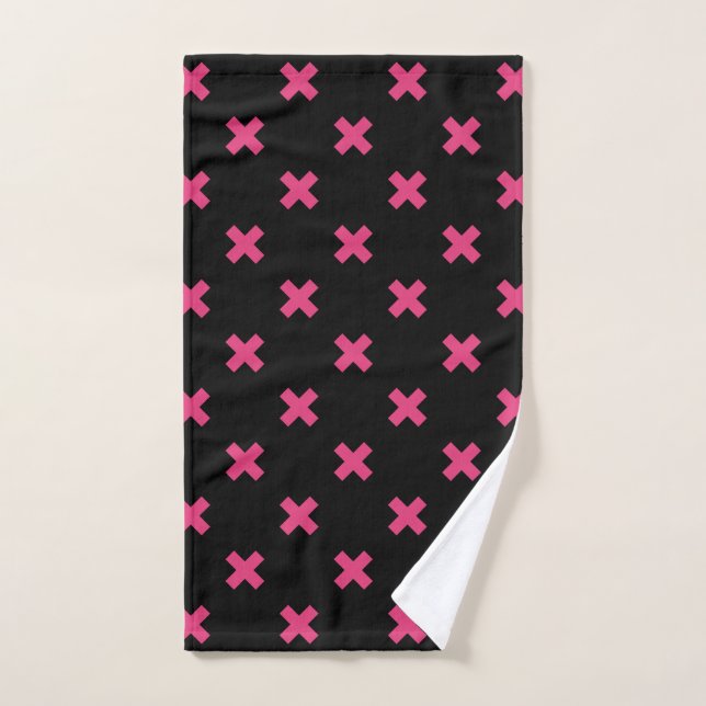 Fuchsia cross stitches on black hand towel  (Hand Towel)