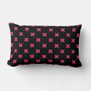 Fuchsia cross stitches on black lumbar pillow