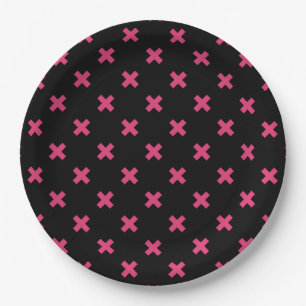 Fuchsia cross stitches on black paper plates