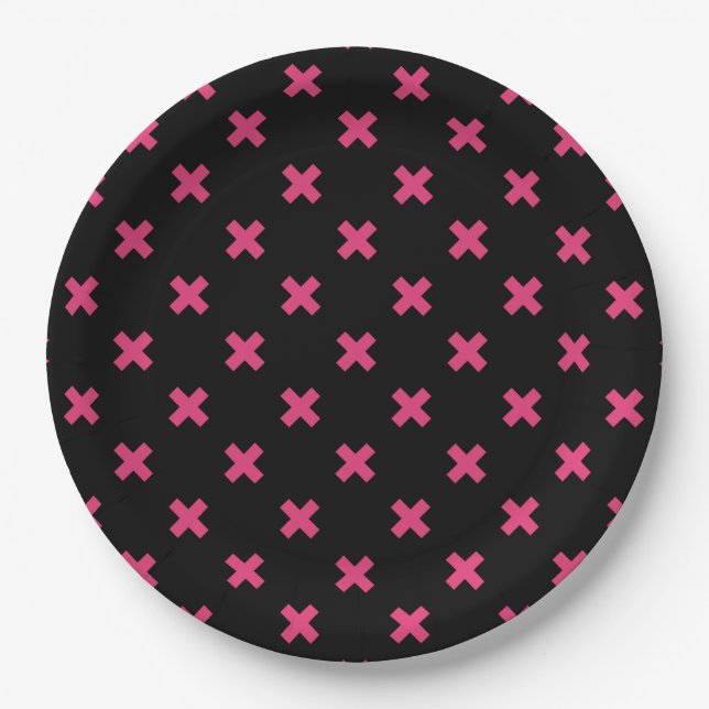 Fuchsia cross stitches on black paper plates (Front)