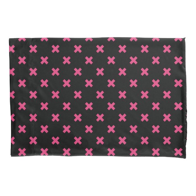Fuchsia cross stitches on black pillow case (Front)