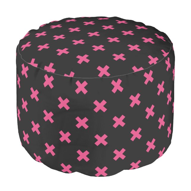 Fuchsia cross stitches on black pouf (Angled Front)