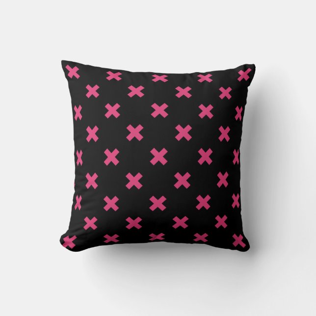 Fuchsia cross stitches on black throw pillow (Front)