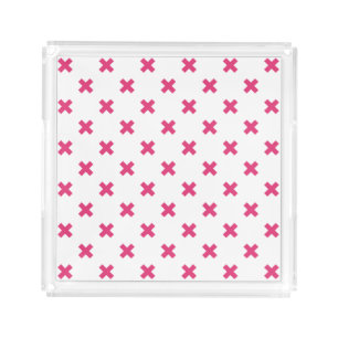 Fuchsia cross stitches on white acrylic tray