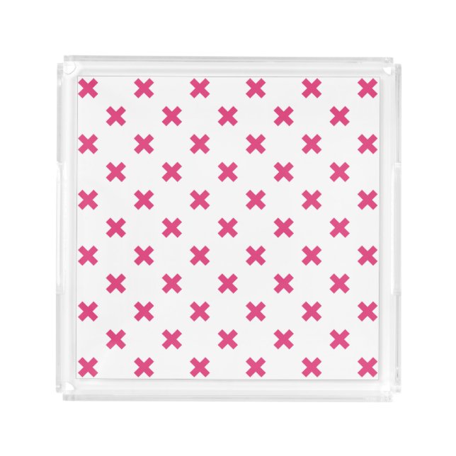 Fuchsia cross stitches on white acrylic tray (Front)
