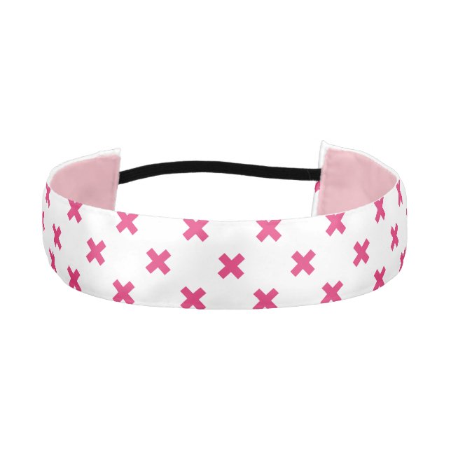 Fuchsia cross stitches on white athletic headband (Front)
