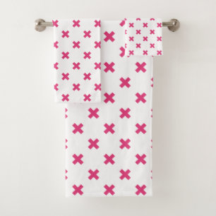 Fuchsia cross stitches on white bath towel set