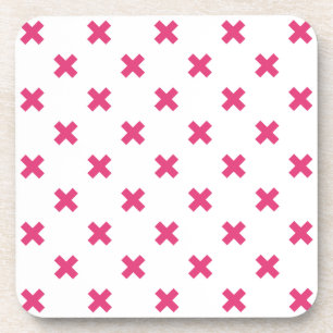 Fuchsia cross stitches on white beverage coaster