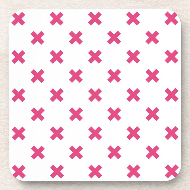 Fuchsia cross stitches on white beverage coaster (Front)