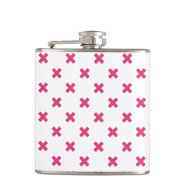 Fuchsia cross stitches on white flask (Front)