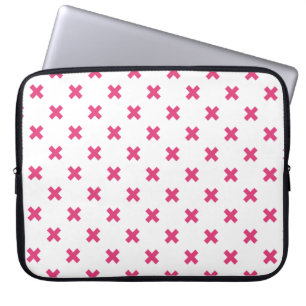 Fuchsia cross stitches on white laptop sleeve