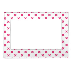 Fuchsia cross stitches on white magnetic frame