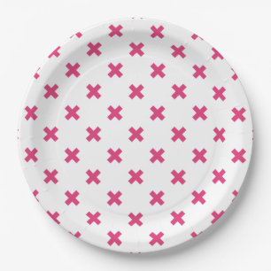 Fuchsia cross stitches on white paper plates