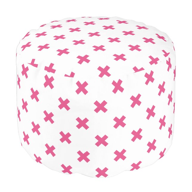 Fuchsia cross stitches on white pouf (Angled Front)