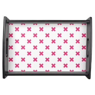 Fuchsia cross stitches on white serving tray