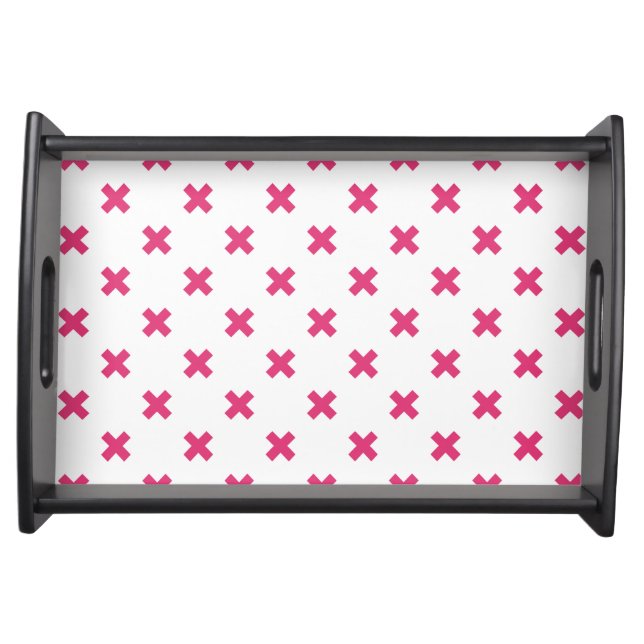 Fuchsia cross stitches on white serving tray (Front)