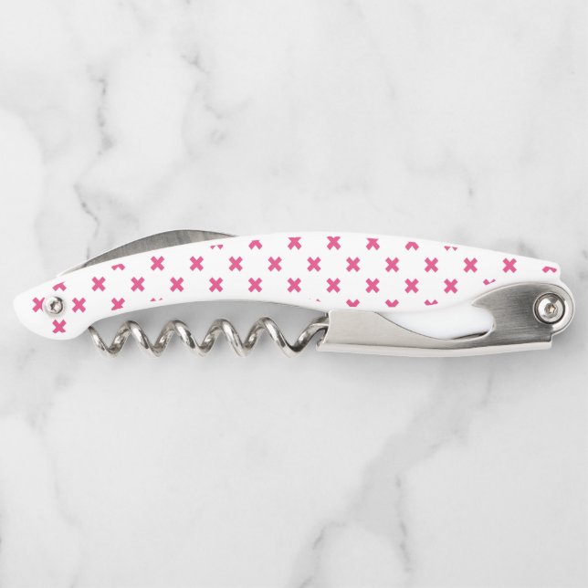 Fuchsia cross stitches on white waiter's corkscrew (Back)