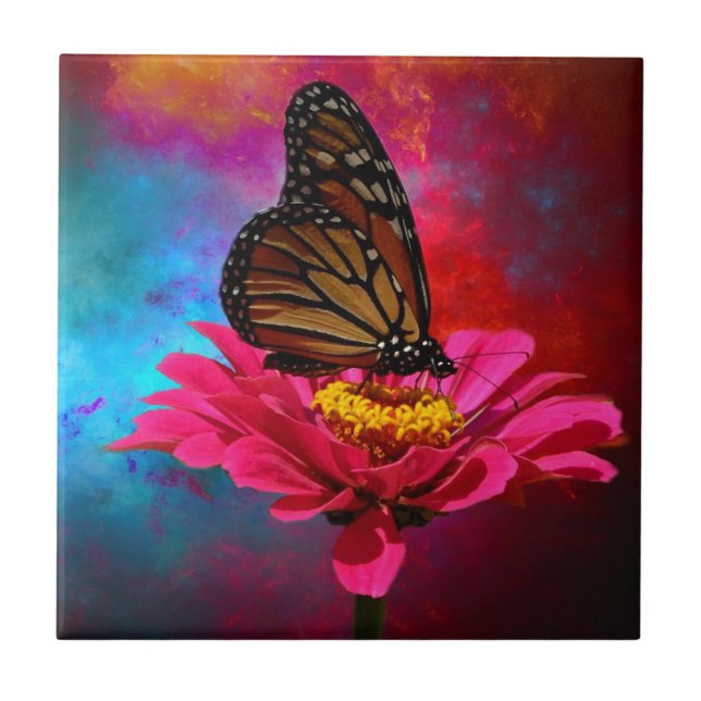 fuchsia daisy turquoise teal bohemian butterfly ceramic tile (Front)