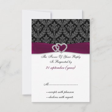 Fuchsia damask FAUX ribbon diamante Wedding RSVP Card