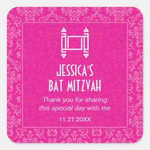 Fuchsia Damask Torah Bat Mitzvah Square Sticker