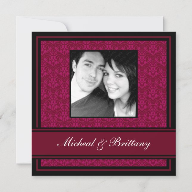 Fuchsia Damask Wedding Engagement Announcement (Front)
