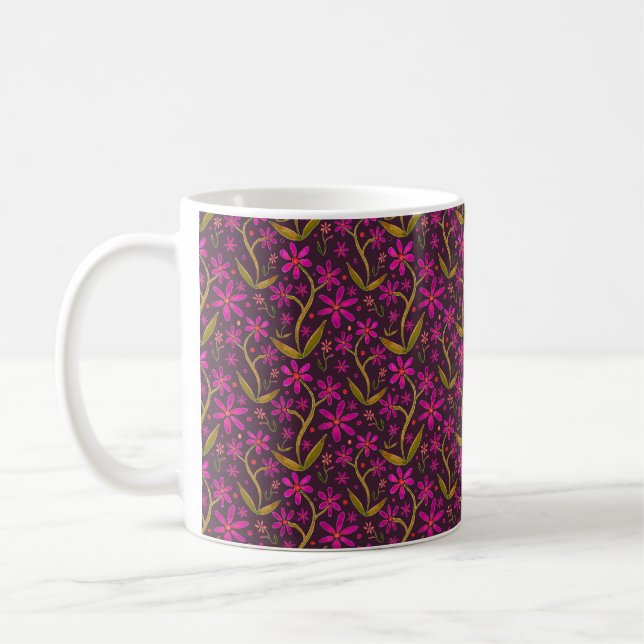 Fuchsia | Dancing Watercolor Daisies Coffee Mug (Left)