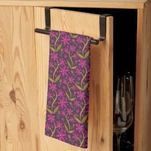 Fuchsia Dancing Watercolor Daisies Kitchen Towel