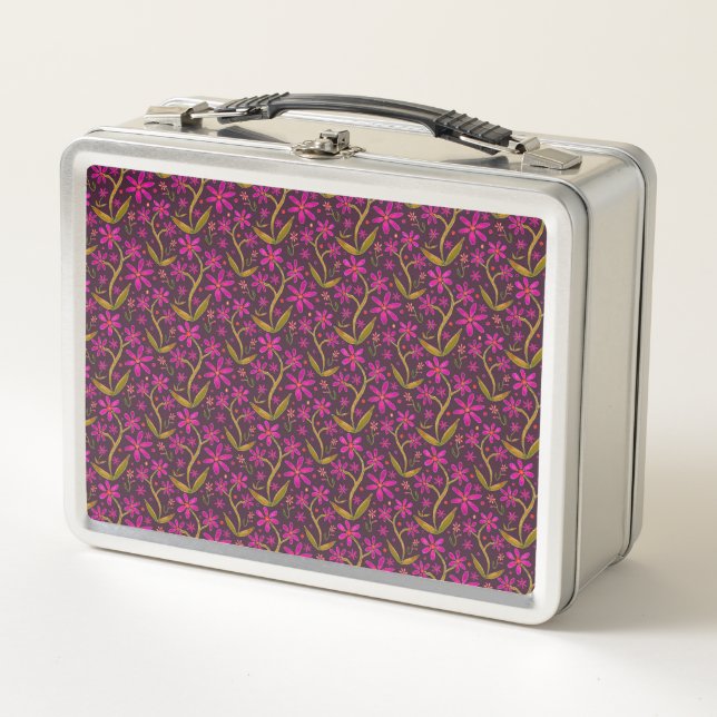 Fuchsia | Dancing Watercolor Daisies Metal Lunch Box (Front)
