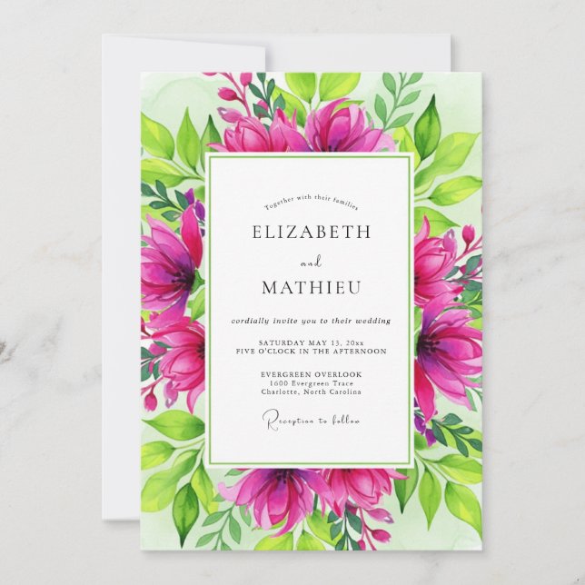 Fuchsia Dazzling Botanical Wedding Invitation (Front)