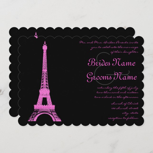Fuchsia Eiffel Tower Wedding Invitation (Front/Back)