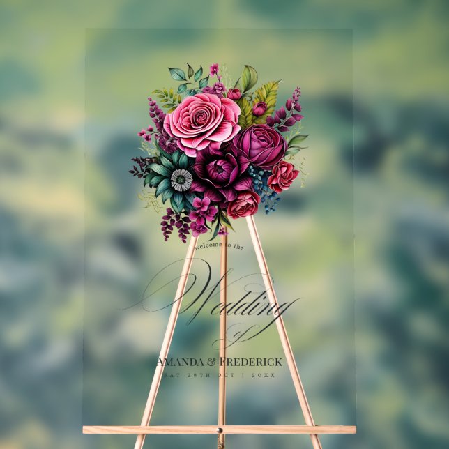 Fuchsia, Emerald Green and Black Floral Wedding Acrylic Sign (Neutral)