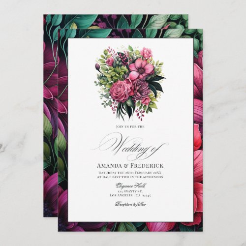 Fuchsia Emerald Green and Black Floral Wedding Invitation