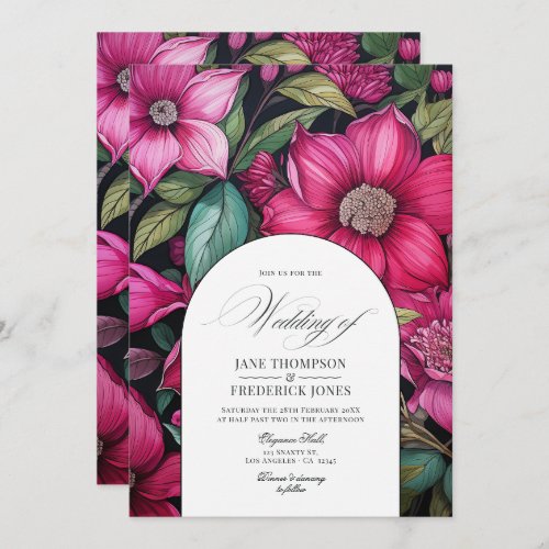 Fuchsia Emerald Green and Black Floral Wedding Invitation