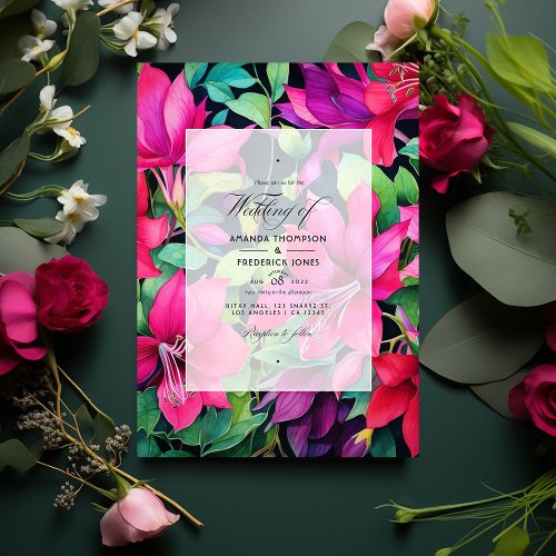 Fuchsia Emerald Green and Black Floral Wedding Invitation