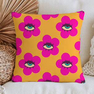 Fuchsia Evil Eye Daisy Flowers on Yellow Retro Throw Pillow
