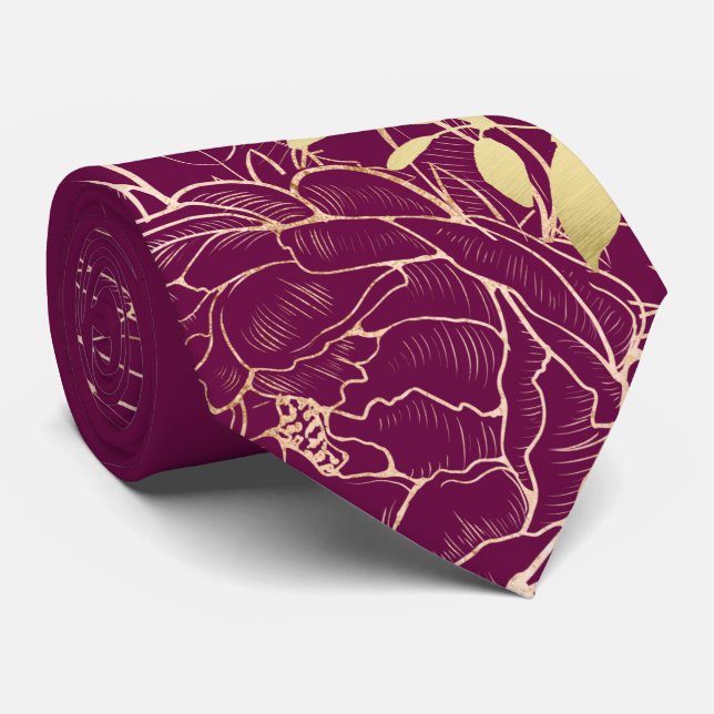 Fuchsia & Faux Gold Peony Modern Floral Wedding Neck Tie (Rolled)