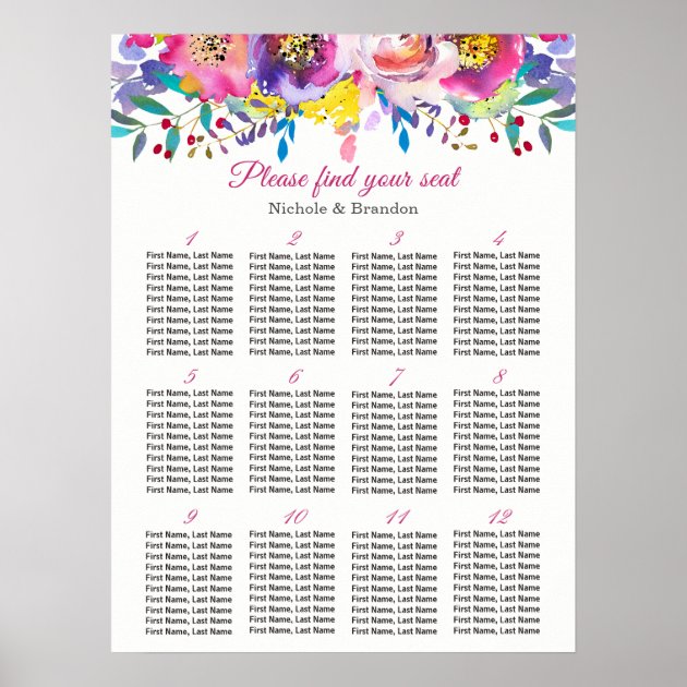 Fuchsia Floral 12 Tables Wedding Seating Chart