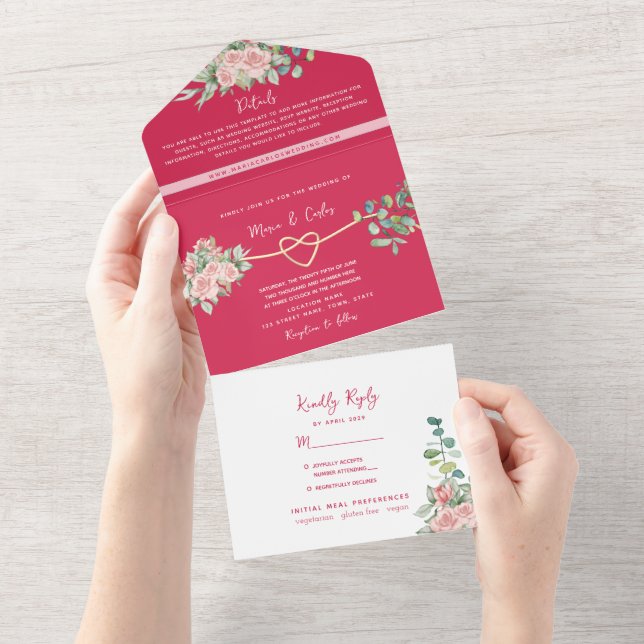 Fuchsia Floral All-in-One Wedding Invite + Photo (Tearaway)