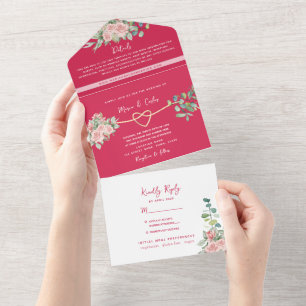 Fuchsia Floral All-in-One Wedding Invite + Photo