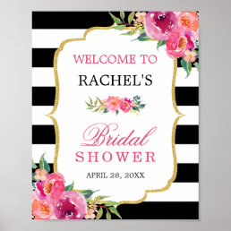 Fuchsia Floral Black Stripes Bridal Shower Sign