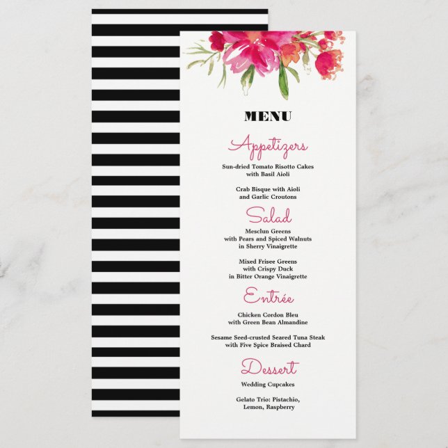 Fuchsia Floral Black Stripes Wedding Menu Cards (Front/Back)