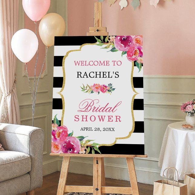 Fuchsia Floral Black White Stripes Bridal Shower Foam Board (Creator Uploaded)