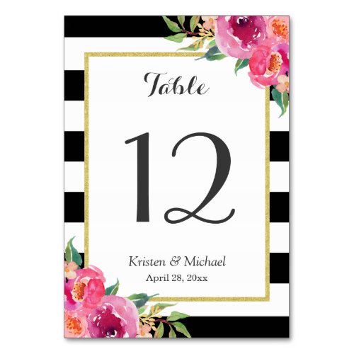 Fuchsia Floral Black White Stripes Table Number