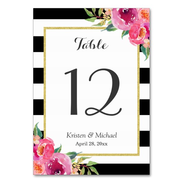 Fuchsia Floral Black White Stripes Table Number Card