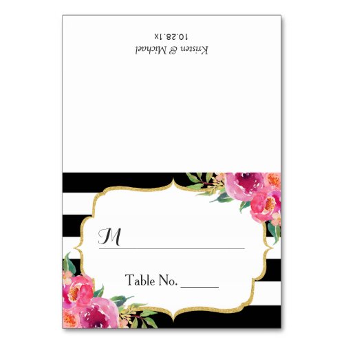 Fuchsia Floral Black White Stripes Wedding Place Table Number