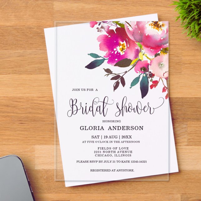 Fuchsia Floral  Bridal Shower  Acrylic Invitations (Creator Uploaded)