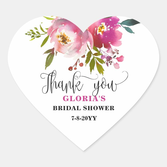Fuchsia Floral  Bridal Shower  Heart Sticker (Front)
